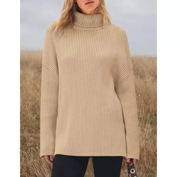 imageZESICA Womens 2024 Winter Sweaters High Neck Long Sleeve Chunky Knit Oversized Side Slit Pullover Sweater Jumper TopsKhaki