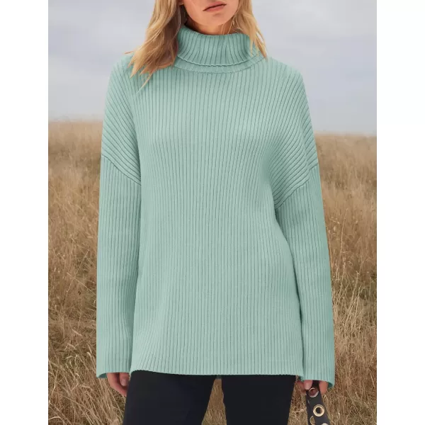imageZESICA Womens 2024 Winter Sweaters High Neck Long Sleeve Chunky Knit Oversized Side Slit Pullover Sweater Jumper TopsMint