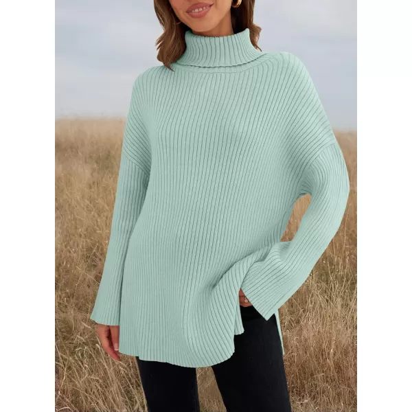 imageZESICA Womens 2024 Winter Sweaters High Neck Long Sleeve Chunky Knit Oversized Side Slit Pullover Sweater Jumper TopsMint