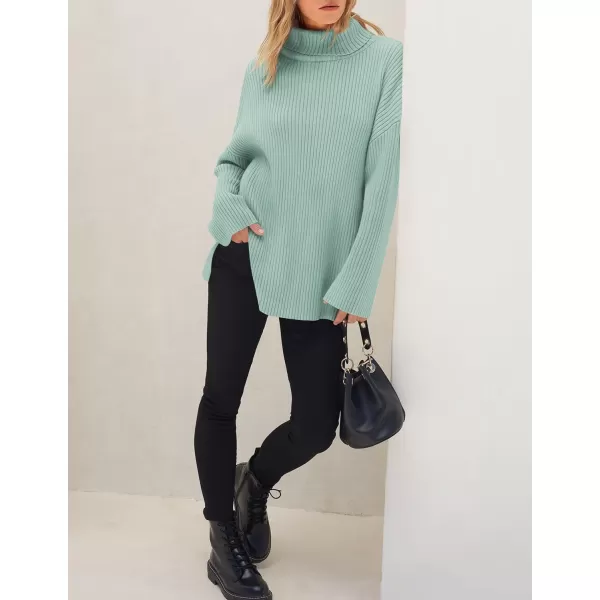 imageZESICA Womens 2024 Winter Sweaters High Neck Long Sleeve Chunky Knit Oversized Side Slit Pullover Sweater Jumper TopsMint
