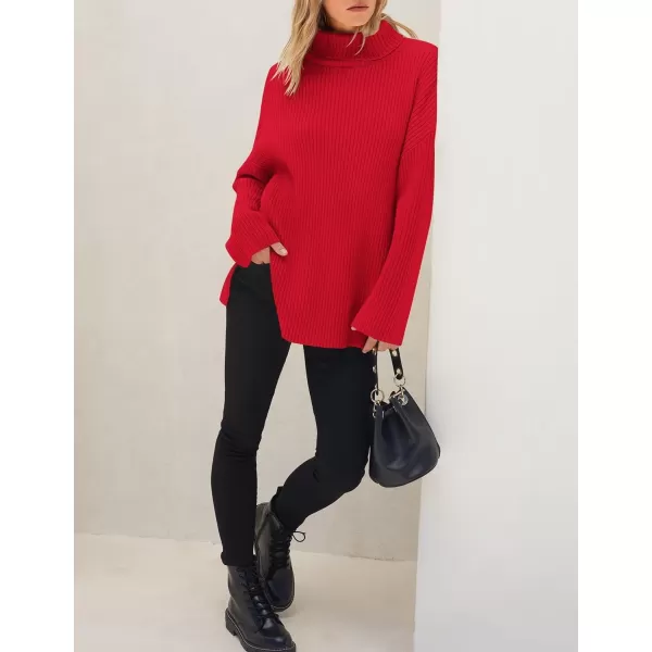 imageZESICA Womens 2024 Winter Sweaters High Neck Long Sleeve Chunky Knit Oversized Side Slit Pullover Sweater Jumper TopsRed