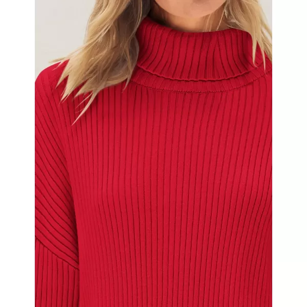 imageZESICA Womens 2024 Winter Sweaters High Neck Long Sleeve Chunky Knit Oversized Side Slit Pullover Sweater Jumper TopsRed