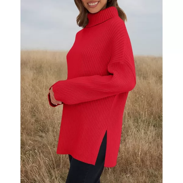 imageZESICA Womens 2024 Winter Sweaters High Neck Long Sleeve Chunky Knit Oversized Side Slit Pullover Sweater Jumper TopsRed