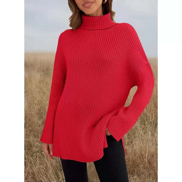 imageZESICA Womens 2024 Winter Sweaters High Neck Long Sleeve Chunky Knit Oversized Side Slit Pullover Sweater Jumper TopsRed