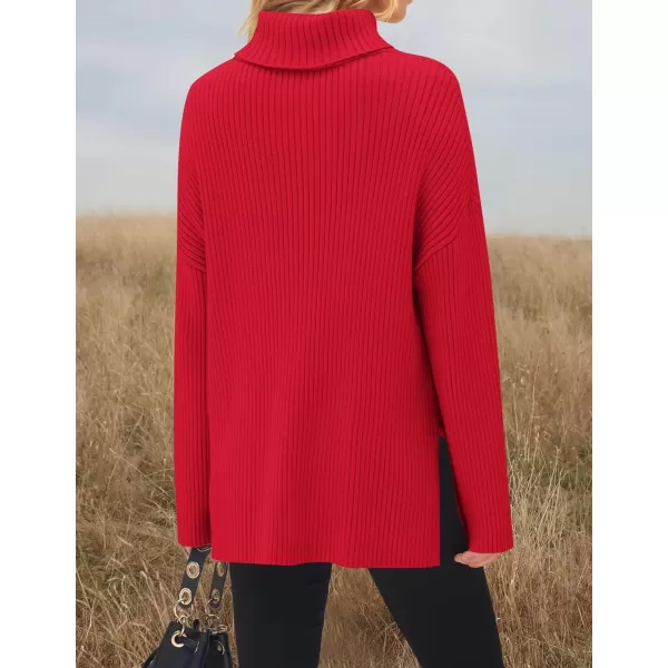 imageZESICA Womens 2024 Winter Sweaters High Neck Long Sleeve Chunky Knit Oversized Side Slit Pullover Sweater Jumper TopsRed