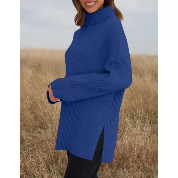 imageZESICA Womens 2024 Winter Sweaters High Neck Long Sleeve Chunky Knit Oversized Side Slit Pullover Sweater Jumper TopsRoyalblue