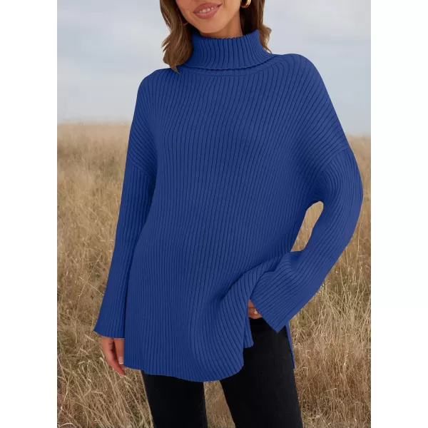 imageZESICA Womens 2024 Winter Sweaters High Neck Long Sleeve Chunky Knit Oversized Side Slit Pullover Sweater Jumper TopsRoyalblue