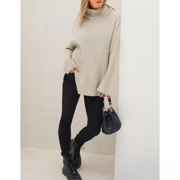 imageZESICA Womens 2024 Winter Sweaters High Neck Long Sleeve Chunky Knit Oversized Side Slit Pullover Sweater Jumper TopsStone