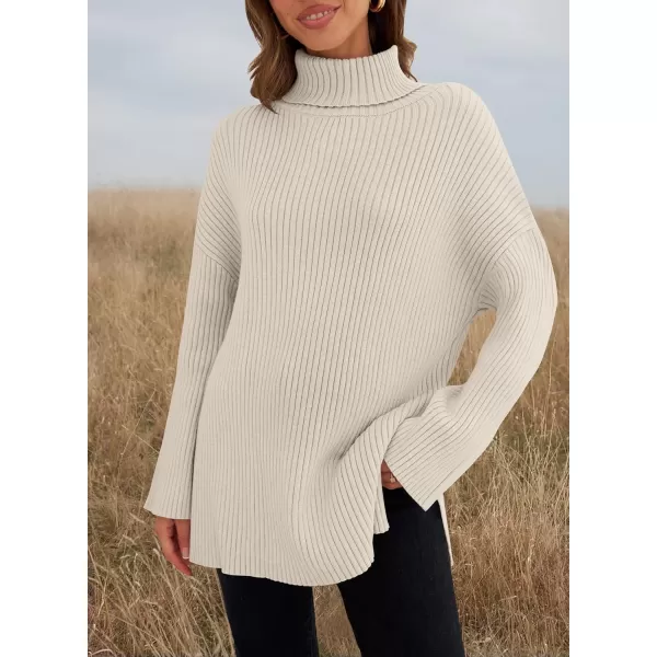 imageZESICA Womens 2024 Winter Sweaters High Neck Long Sleeve Chunky Knit Oversized Side Slit Pullover Sweater Jumper TopsStone