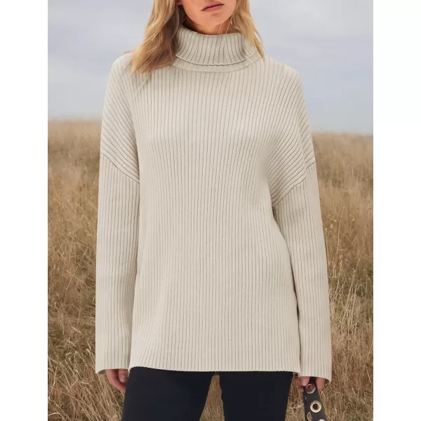 imageZESICA Womens 2024 Winter Sweaters High Neck Long Sleeve Chunky Knit Oversized Side Slit Pullover Sweater Jumper TopsStone