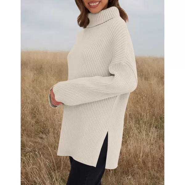 imageZESICA Womens 2024 Winter Sweaters High Neck Long Sleeve Chunky Knit Oversized Side Slit Pullover Sweater Jumper TopsStone