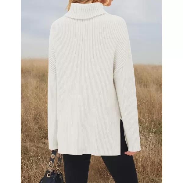 imageZESICA Womens 2024 Winter Sweaters High Neck Long Sleeve Chunky Knit Oversized Side Slit Pullover Sweater Jumper TopsWhite