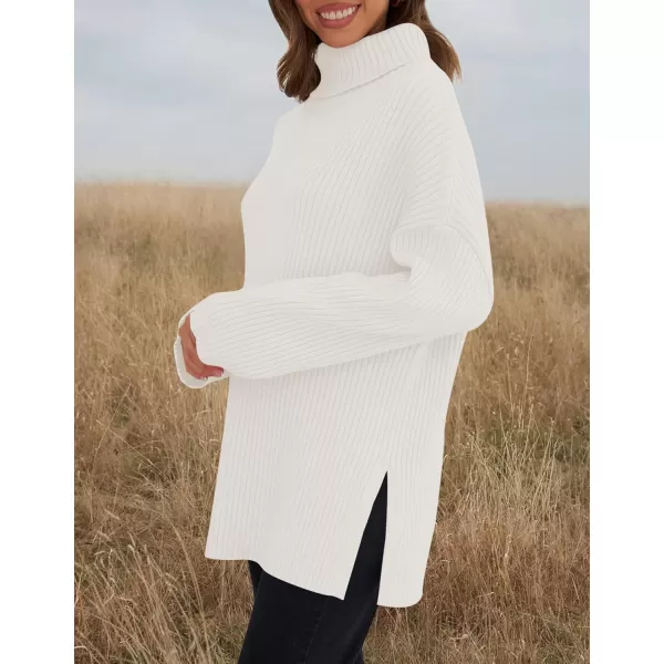 imageZESICA Womens 2024 Winter Sweaters High Neck Long Sleeve Chunky Knit Oversized Side Slit Pullover Sweater Jumper TopsWhite