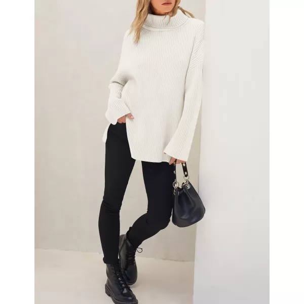 imageZESICA Womens 2024 Winter Sweaters High Neck Long Sleeve Chunky Knit Oversized Side Slit Pullover Sweater Jumper TopsWhite