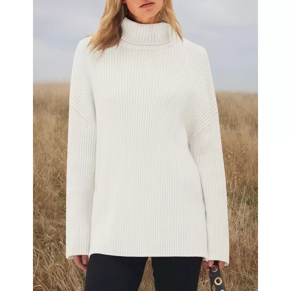 imageZESICA Womens 2024 Winter Sweaters High Neck Long Sleeve Chunky Knit Oversized Side Slit Pullover Sweater Jumper TopsWhite