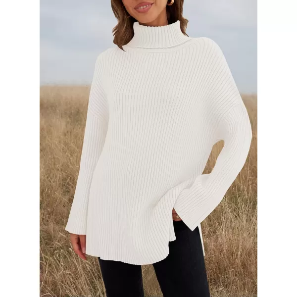 imageZESICA Womens 2024 Winter Sweaters High Neck Long Sleeve Chunky Knit Oversized Side Slit Pullover Sweater Jumper TopsWhite