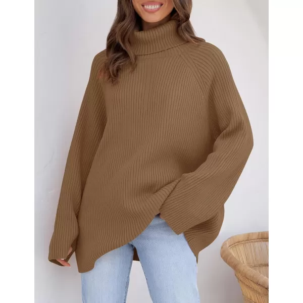 imageZESICA Womens 2024 Winter Sweaters Oversized Turtleneck Long Sleeve Chunky Knitted Tunic Pullover TopsBrown
