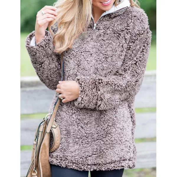 imageZESICA Womens Autumn Winter Long Sleeve Zipper Sherpa Fleece Sweatshirt Pullover Jacket CoatLight Coffee