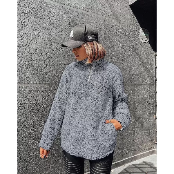 imageZESICA Womens Autumn Winter Long Sleeve Zipper Sherpa Fleece Sweatshirt Pullover Jacket CoatLight Grey
