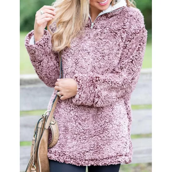 imageZESICA Womens Autumn Winter Long Sleeve Zipper Sherpa Fleece Sweatshirt Pullover Jacket CoatPurplish Red