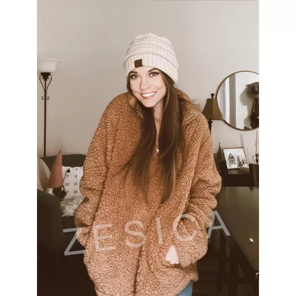 imageZESICA Womens Autumn Winter Long Sleeve Zipper Sherpa Fleece Sweatshirt Pullover Jacket CoatSolid Khaki