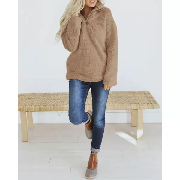 imageZESICA Womens Autumn Winter Long Sleeve Zipper Sherpa Fleece Sweatshirt Pullover Jacket CoatSolid Khaki