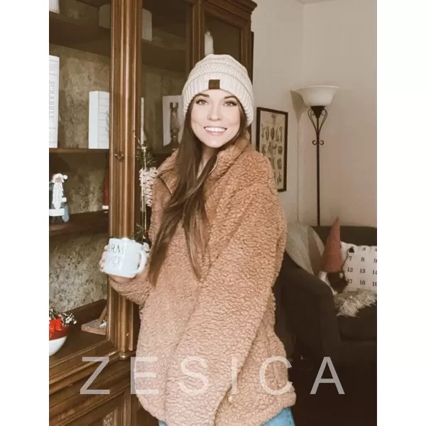 imageZESICA Womens Autumn Winter Long Sleeve Zipper Sherpa Fleece Sweatshirt Pullover Jacket CoatSolid Khaki