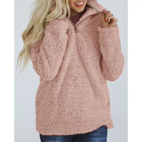 imageZESICA Womens Autumn Winter Long Sleeve Zipper Sherpa Fleece Sweatshirt Pullover Jacket CoatSolid Pink