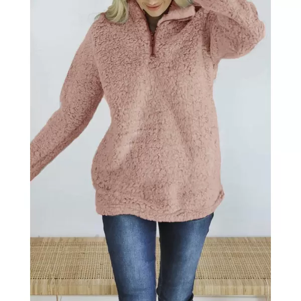 imageZESICA Womens Autumn Winter Long Sleeve Zipper Sherpa Fleece Sweatshirt Pullover Jacket CoatSolid Pink