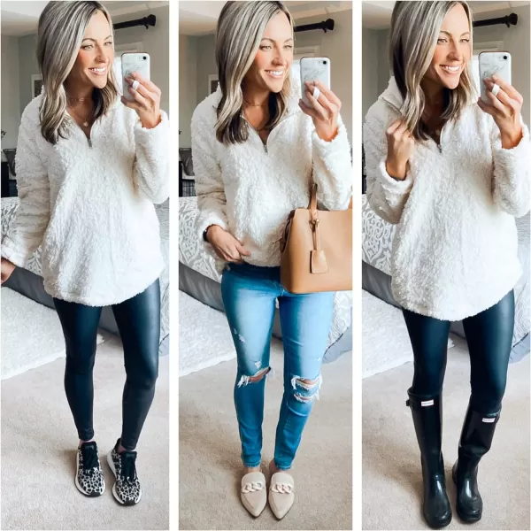 imageZESICA Womens Autumn Winter Long Sleeve Zipper Sherpa Fleece Sweatshirt Pullover Jacket CoatSolid White