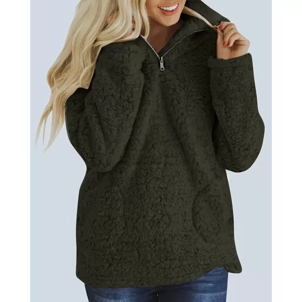 imageZESICA Womens Autumn Winter Long Sleeve Zipper Sherpa Fleece Sweatshirt Pullover Jacket CoatSolidarmygreen