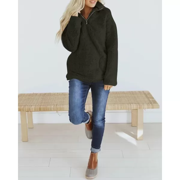 imageZESICA Womens Autumn Winter Long Sleeve Zipper Sherpa Fleece Sweatshirt Pullover Jacket CoatSolidarmygreen