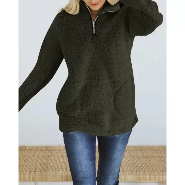 imageZESICA Womens Autumn Winter Long Sleeve Zipper Sherpa Fleece Sweatshirt Pullover Jacket CoatSolidarmygreen