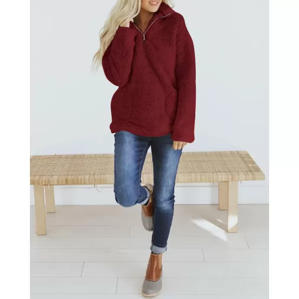 imageZESICA Womens Autumn Winter Long Sleeve Zipper Sherpa Fleece Sweatshirt Pullover Jacket CoatSolidburgundy