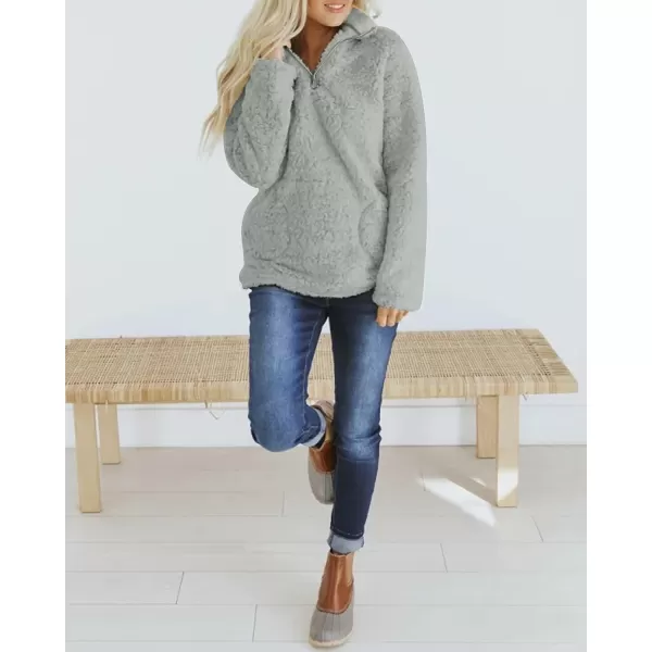 imageZESICA Womens Autumn Winter Long Sleeve Zipper Sherpa Fleece Sweatshirt Pullover Jacket CoatSolidlightgrey