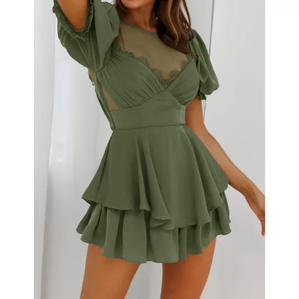 imageZESICA Womens Boho Rompers Sexy Short Puff Sleeve Mesh Patchwork Ruffle Tiered Layered Short Jumpsuit PlaysuitsArmygreen