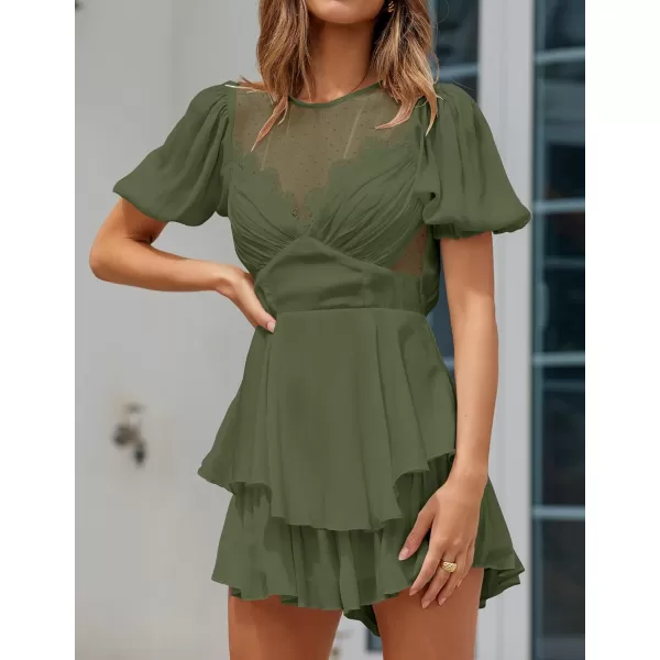 imageZESICA Womens Boho Rompers Sexy Short Puff Sleeve Mesh Patchwork Ruffle Tiered Layered Short Jumpsuit PlaysuitsArmygreen