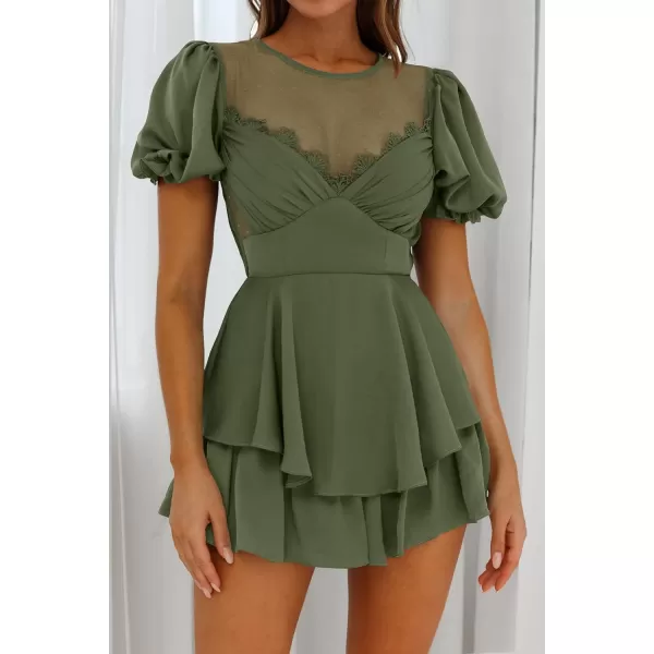 imageZESICA Womens Boho Rompers Sexy Short Puff Sleeve Mesh Patchwork Ruffle Tiered Layered Short Jumpsuit PlaysuitsArmygreen