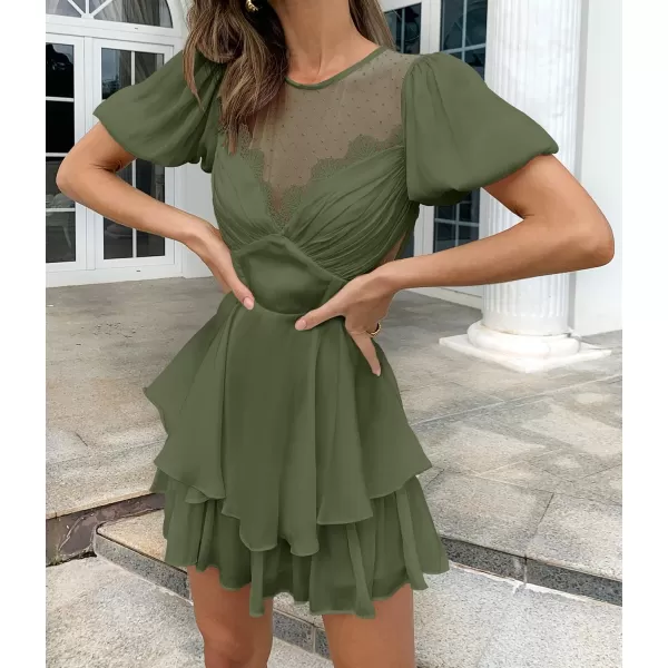 imageZESICA Womens Boho Rompers Sexy Short Puff Sleeve Mesh Patchwork Ruffle Tiered Layered Short Jumpsuit PlaysuitsArmygreen