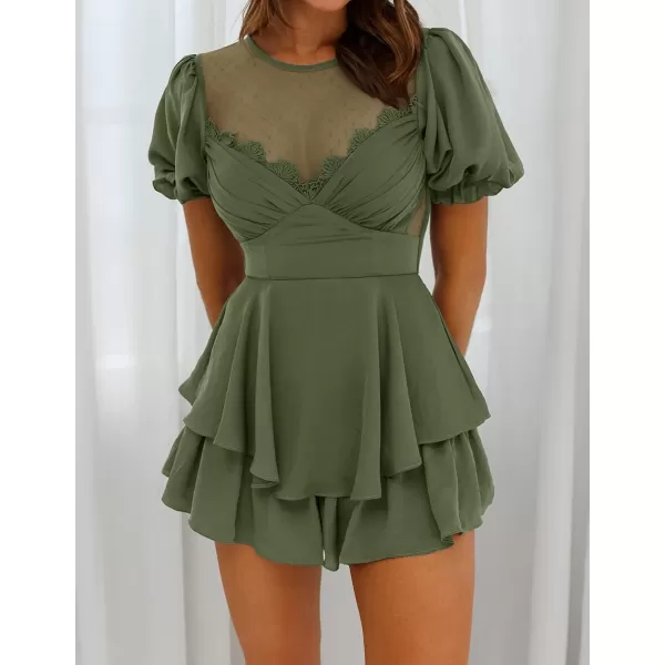 imageZESICA Womens Boho Rompers Sexy Short Puff Sleeve Mesh Patchwork Ruffle Tiered Layered Short Jumpsuit PlaysuitsArmygreen