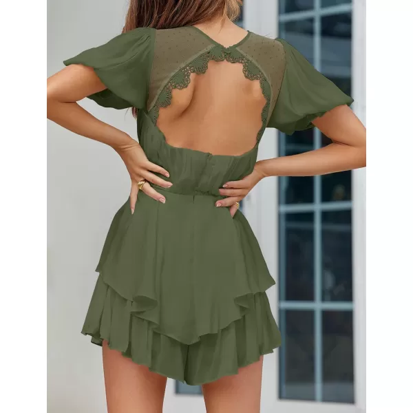 imageZESICA Womens Boho Rompers Sexy Short Puff Sleeve Mesh Patchwork Ruffle Tiered Layered Short Jumpsuit PlaysuitsArmygreen