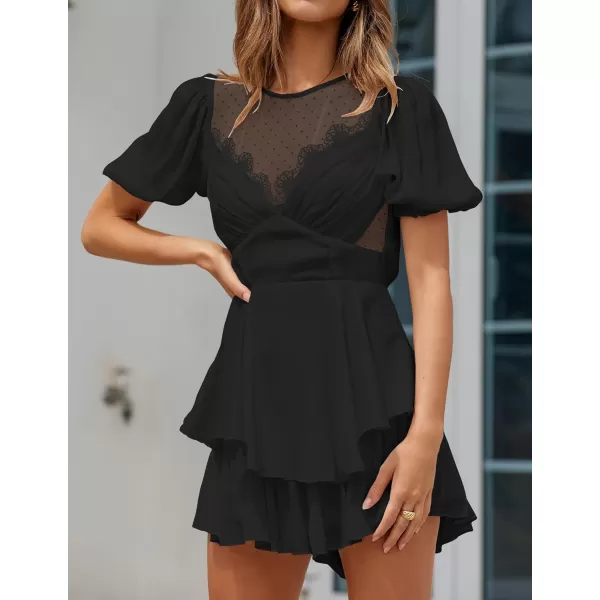 imageZESICA Womens Boho Rompers Sexy Short Puff Sleeve Mesh Patchwork Ruffle Tiered Layered Short Jumpsuit PlaysuitsBlack