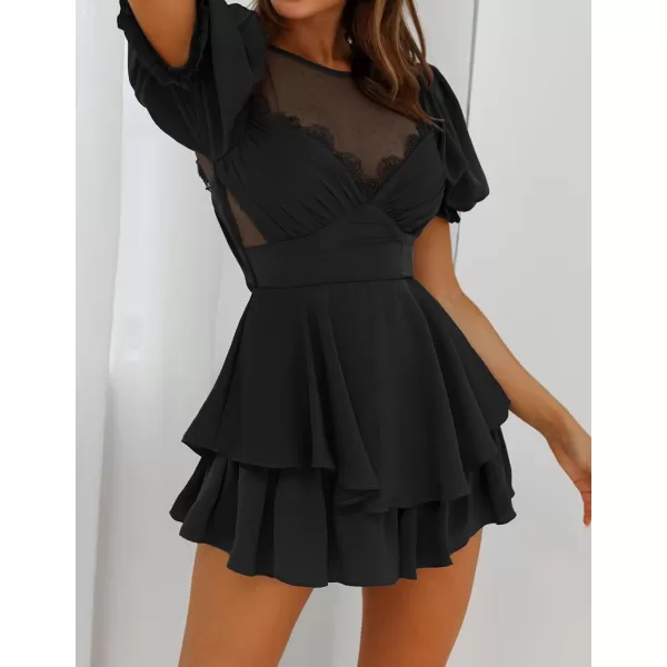 imageZESICA Womens Boho Rompers Sexy Short Puff Sleeve Mesh Patchwork Ruffle Tiered Layered Short Jumpsuit PlaysuitsBlack