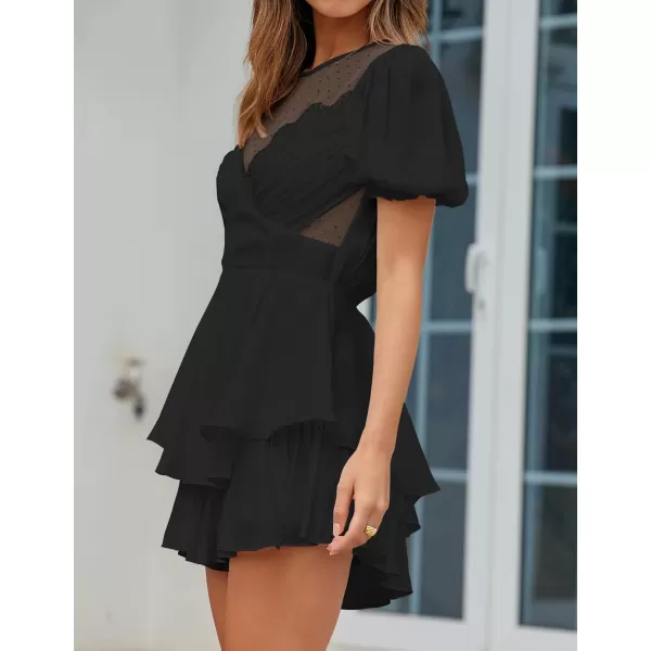 imageZESICA Womens Boho Rompers Sexy Short Puff Sleeve Mesh Patchwork Ruffle Tiered Layered Short Jumpsuit PlaysuitsBlack