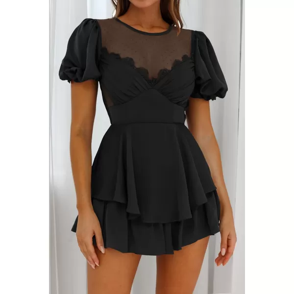 imageZESICA Womens Boho Rompers Sexy Short Puff Sleeve Mesh Patchwork Ruffle Tiered Layered Short Jumpsuit PlaysuitsBlack