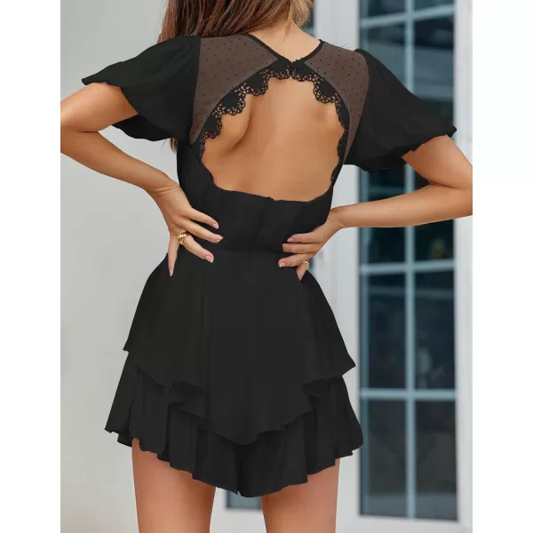 imageZESICA Womens Boho Rompers Sexy Short Puff Sleeve Mesh Patchwork Ruffle Tiered Layered Short Jumpsuit PlaysuitsBlack