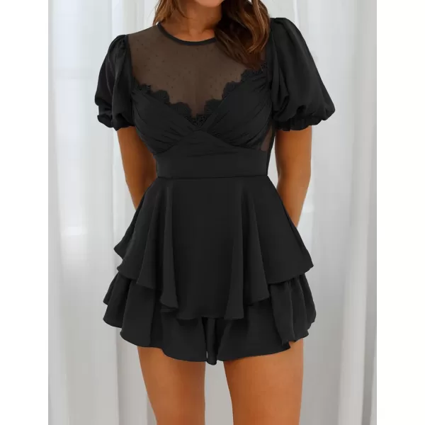 imageZESICA Womens Boho Rompers Sexy Short Puff Sleeve Mesh Patchwork Ruffle Tiered Layered Short Jumpsuit PlaysuitsBlack