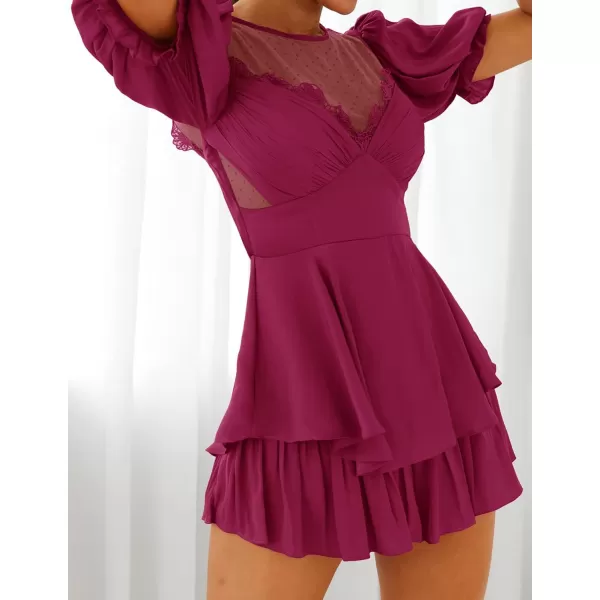 imageZESICA Womens Boho Rompers Sexy Short Puff Sleeve Mesh Patchwork Ruffle Tiered Layered Short Jumpsuit PlaysuitsFuchsia
