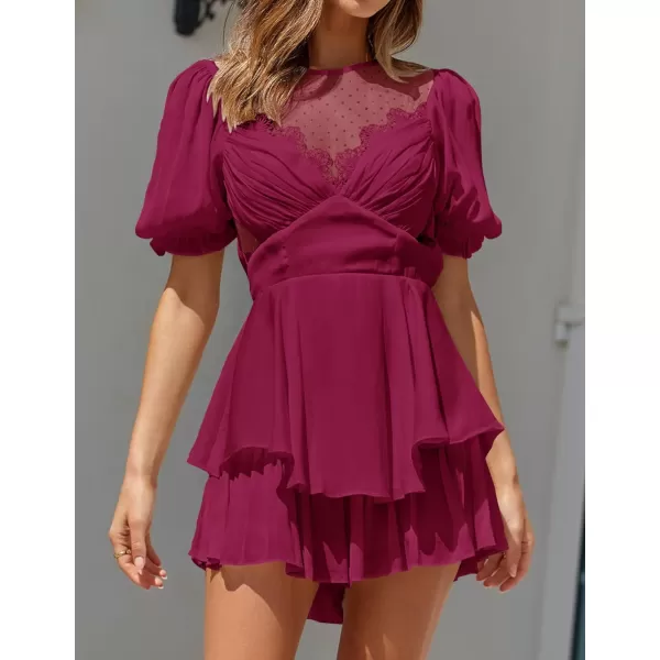 imageZESICA Womens Boho Rompers Sexy Short Puff Sleeve Mesh Patchwork Ruffle Tiered Layered Short Jumpsuit PlaysuitsFuchsia
