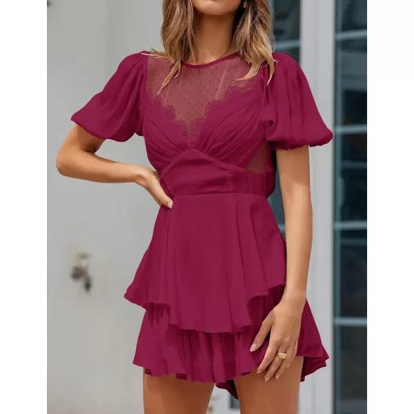 imageZESICA Womens Boho Rompers Sexy Short Puff Sleeve Mesh Patchwork Ruffle Tiered Layered Short Jumpsuit PlaysuitsFuchsia